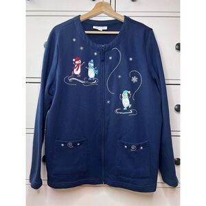 Breckenridge ugly Christmas cardigan sweater Top‎ Blue Size XL Pockets Snowmen